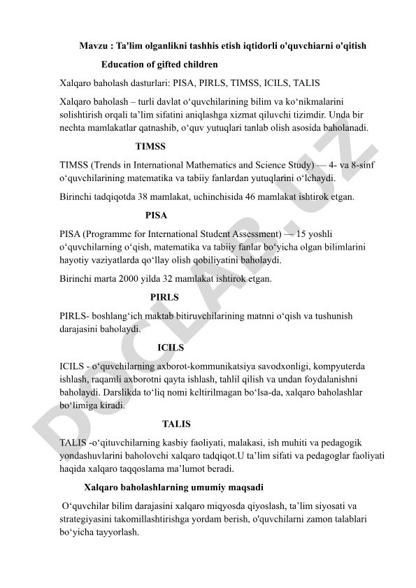 Ta'lim olganlikni tashhis etish iqtidorli o'quvchiarni o'qitish va xalqaro baholash dasturlari