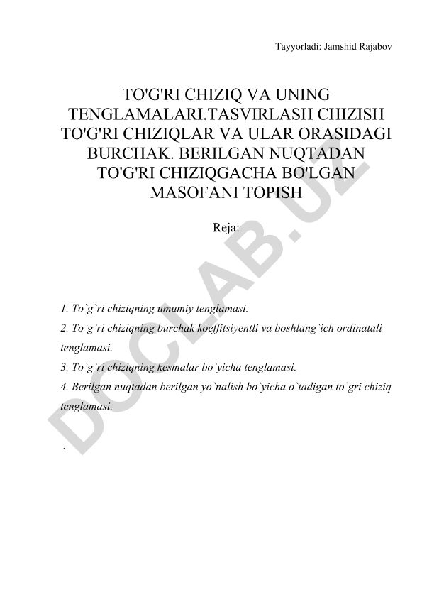 To'g'ri chiziq va uning tenglamalari
