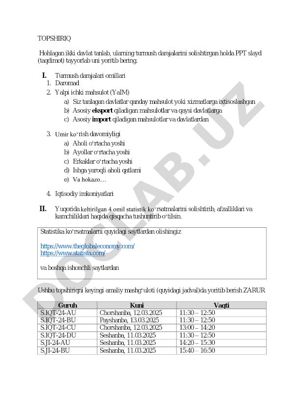 Ikki davlat turmush darajalarini solishtirish