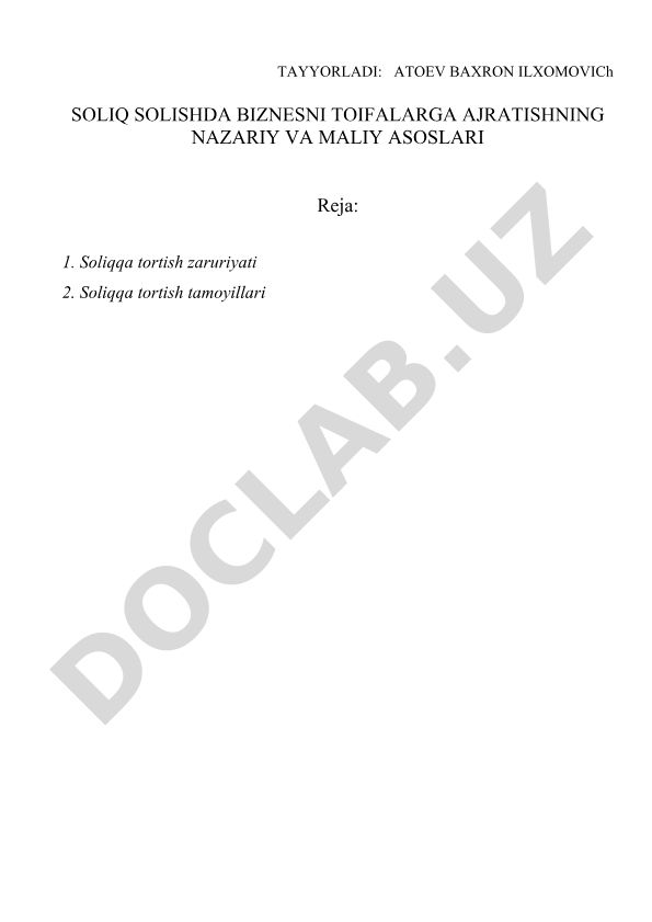 Soliq solishda biznesni toifalarga ajratishning nazariy va moliyaviy asoslari