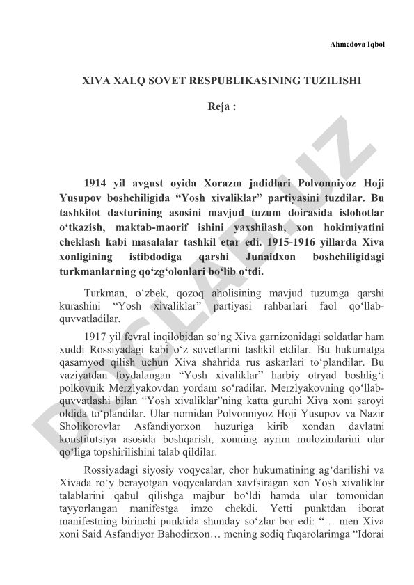 Xiva Xalq Sovet Respublikasining tuzilishi