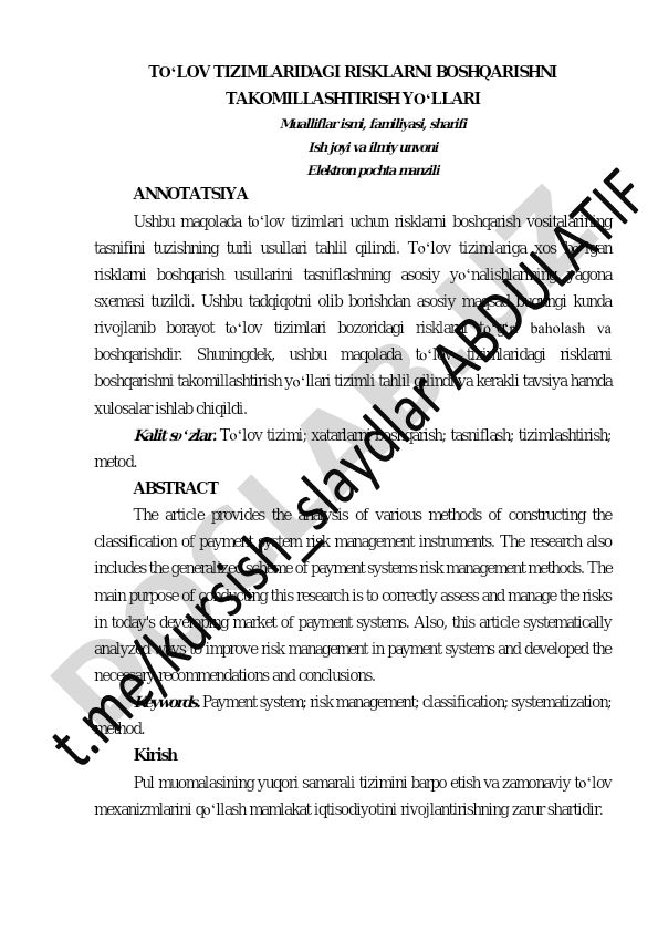 To'lov tizimlaridagi risklarni boshqarishni takomillashtirish yo'llari