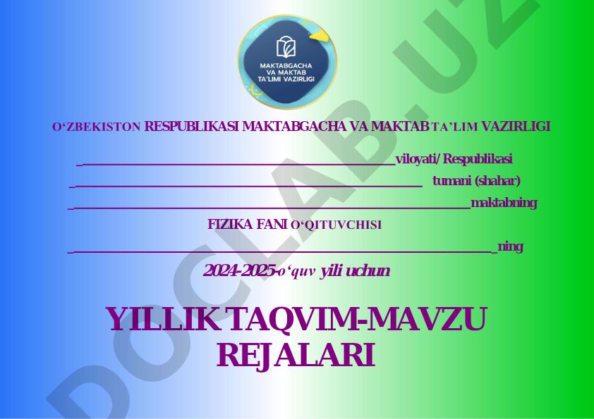 7-sinf fizika fani uchun yillik taqvim-mavzu rejalari