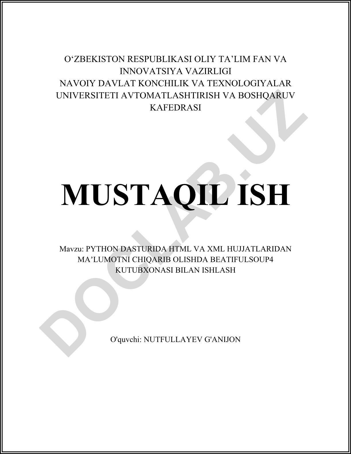 Python dasturida HTML va XML hujjatlaridan maʼlumotni chiqarib olishda BeautifulSoup4 kutubxonasi bilan ishlash