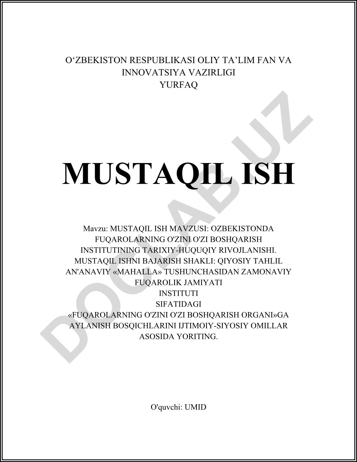 O'zbekistonda fuqarolarning o'zini o'zi boshqarish institutining tarixiy-huquqiy rivojlanishi