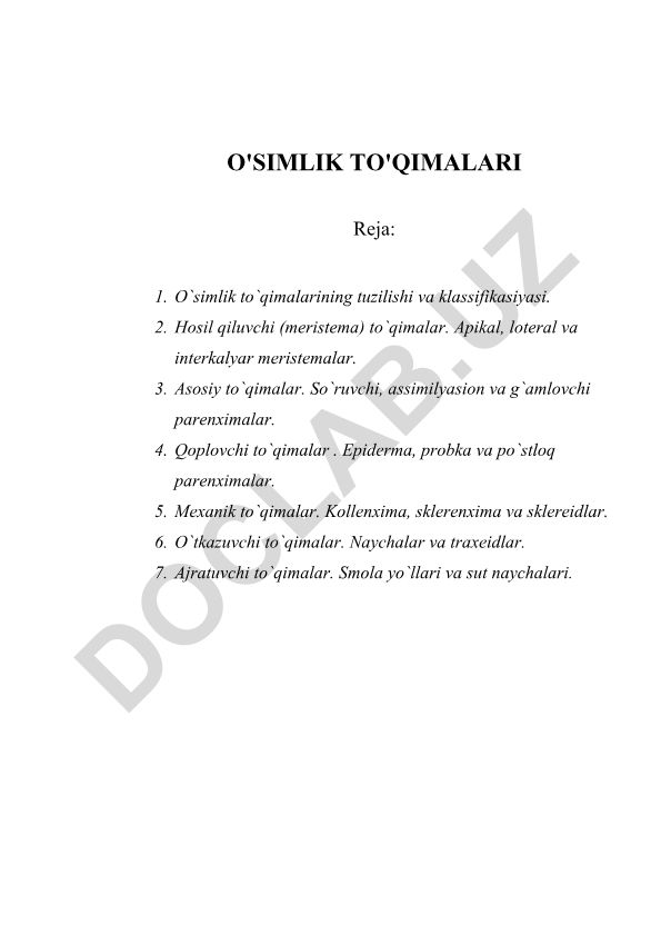 O'simlik to'qimalarining tuzilishi va klassifikasiyasi