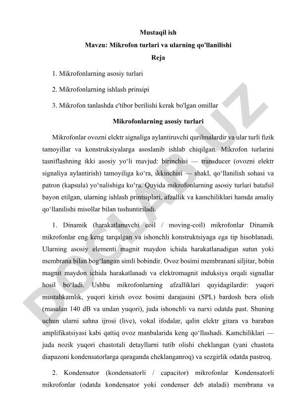 Mikrofon turlari va ularning qo'llanilishi