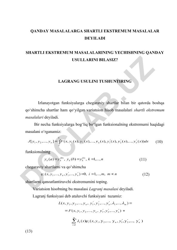Shartli ekstremum masalalari va Lagranj usuli