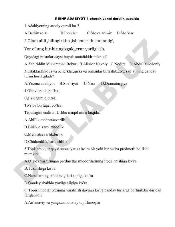 5-sinf adabiyot fanidan 1-chorak test savollari