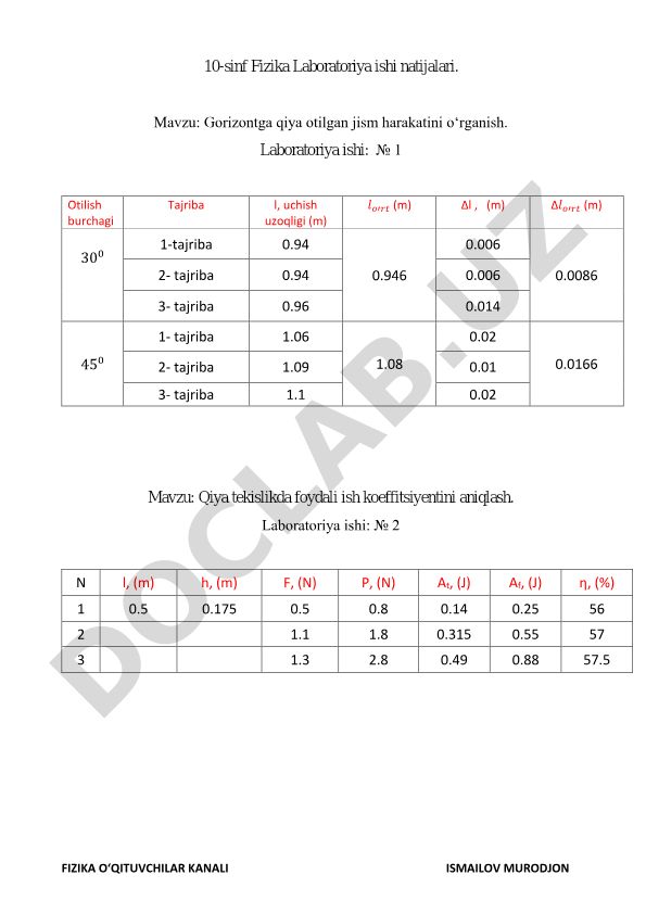 Gorizontga qiya otilgan jism harakati, qiya tekislikda foydali ish koeffitsiyenti, matematik mayatnik, tok manbayi va yarim o'tkazgichli diodning volt-amper xarakteristikasi