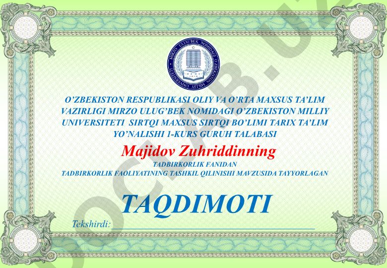 Tadbirkorlik faoliyatining tashkil qilinishi