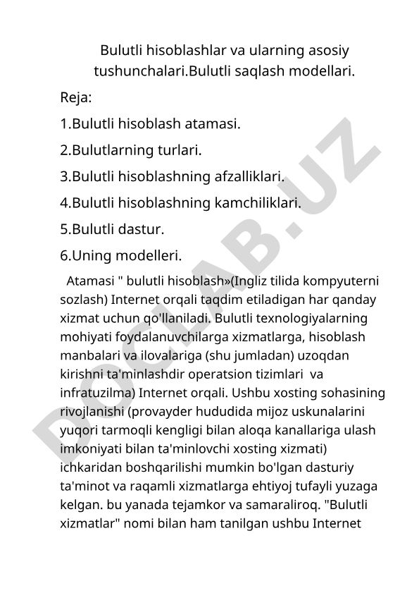 Bulutli hisoblashlar va ularning asosiy tushunchalari