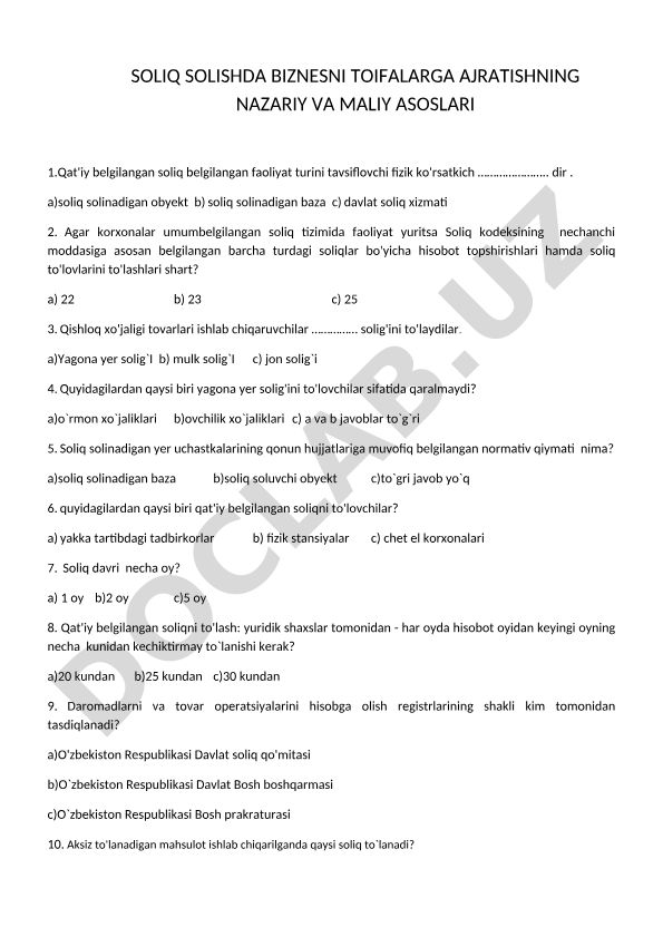 Soliq solishda biznesni toifalarga ajratishning nazariy va moliyaviy asoslari