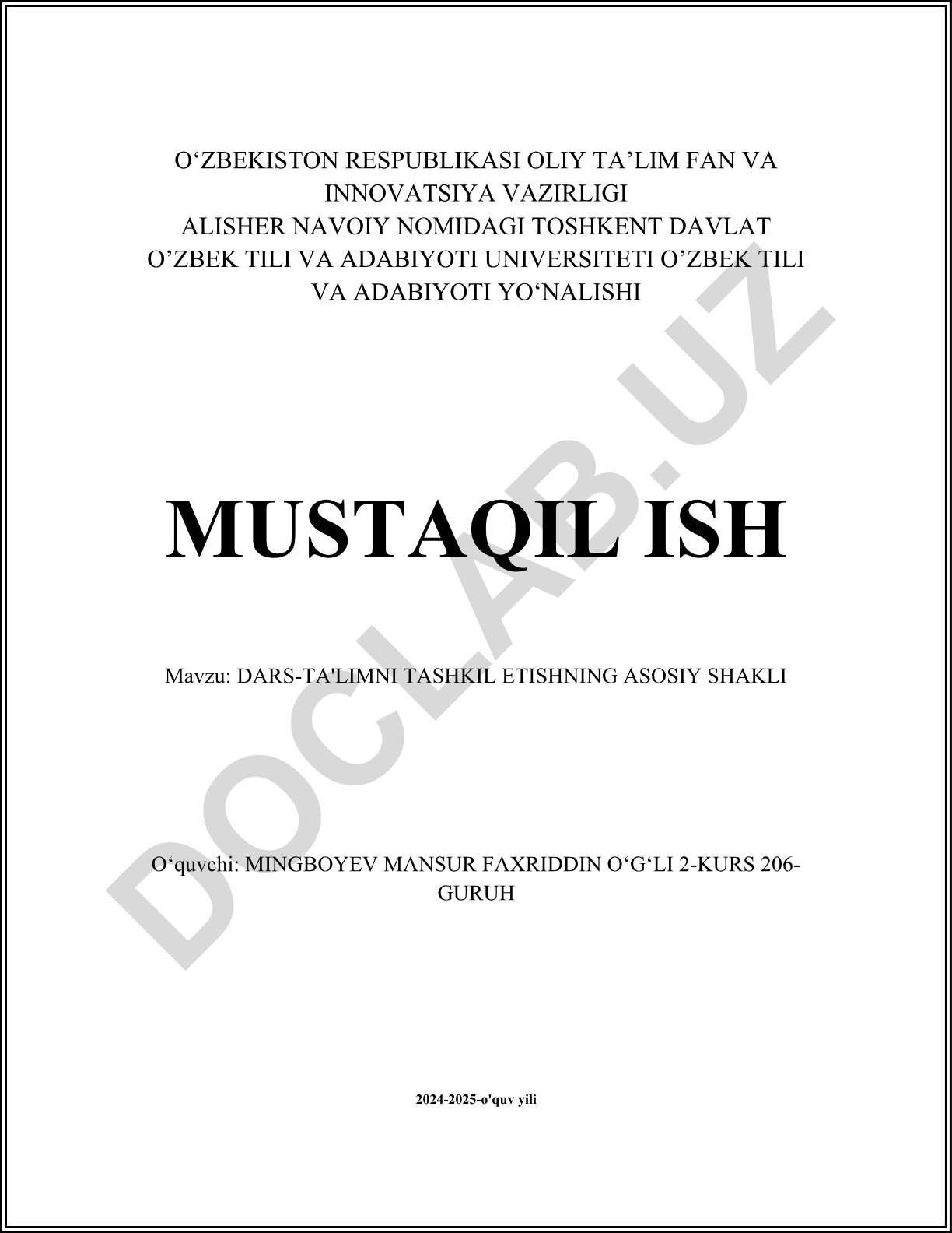Dars-ta'limni tashkil etishning asosiy shakli