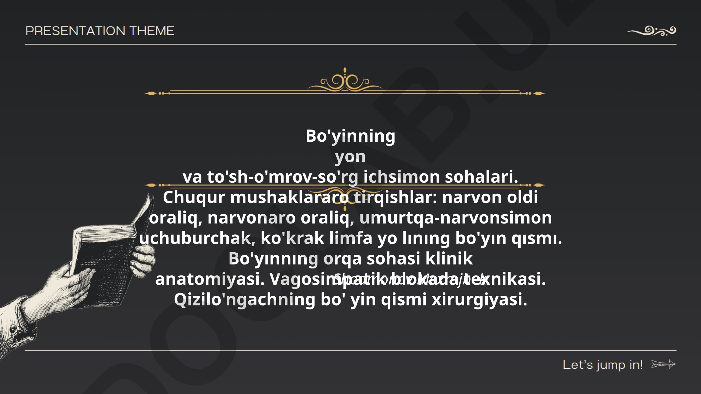 Bo'yinning yon va to'sh-o'mrov-so'rg ichsimon sohalari anatomiyasi va xirurgiyasi