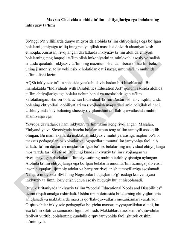 Chet elda alohida ta’lim ehtiyojlariga ega bolalarning inklyuziv ta’limi