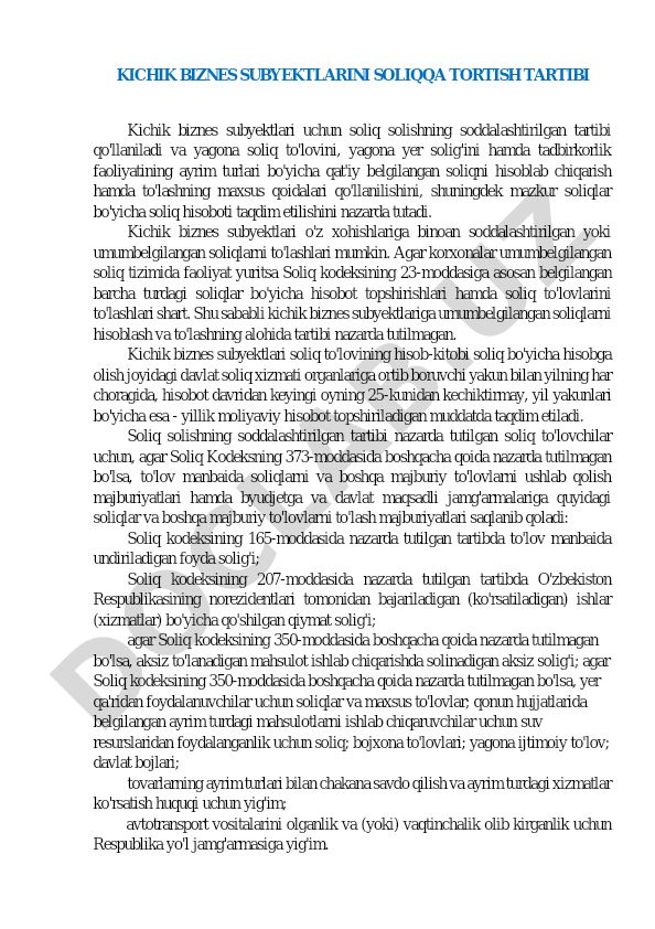 Kichik biznes subyektlarini soliqqa tortish tartibi