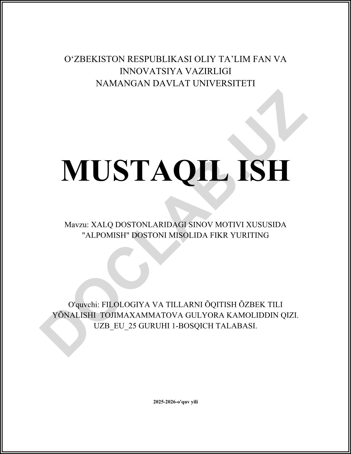 Xalq dostonlaridagi sinov motivini Alpomish dostonida o'rganish