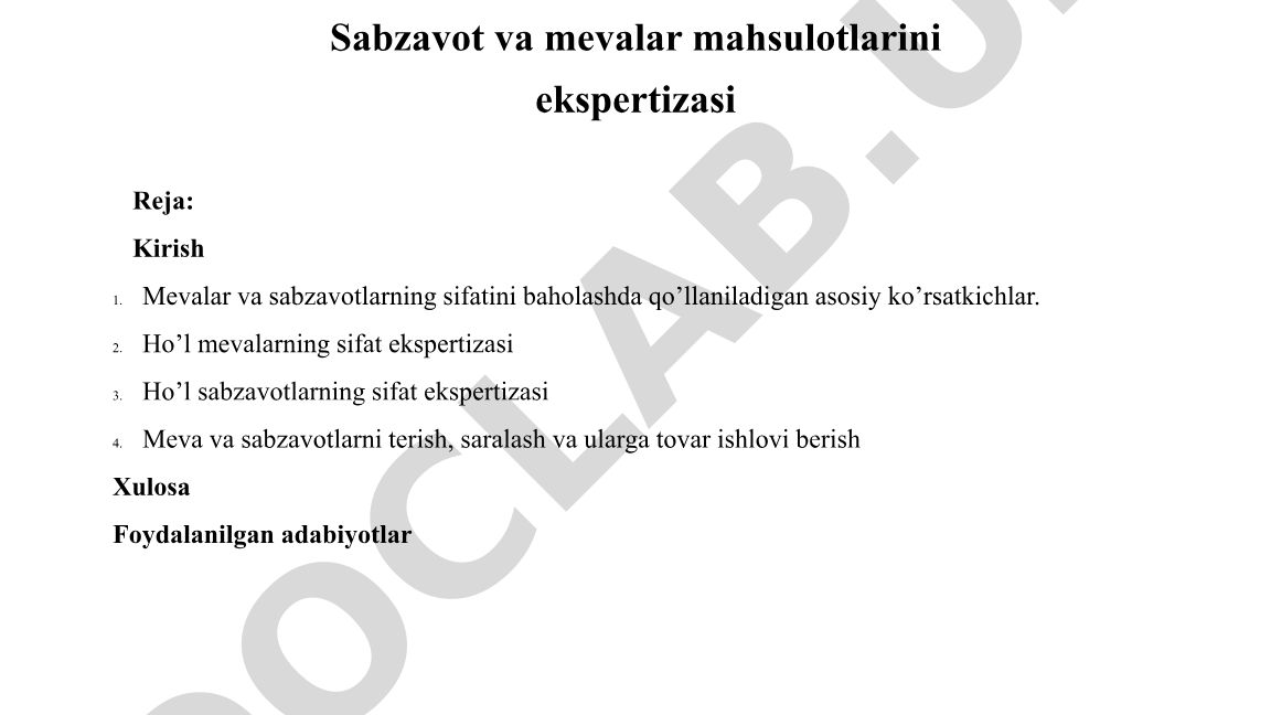 Meva va sabzavotlarning sifatini baholash asoslari