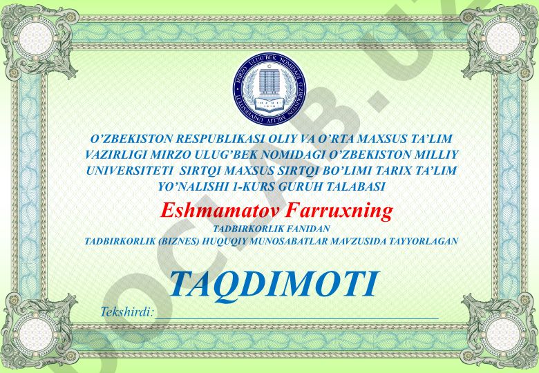 Tadbirkorlik (biznes) huquqiy munosabatlari