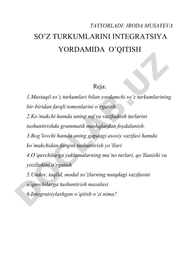 So'z turkumlarini integratsiya yordamida o'qitish