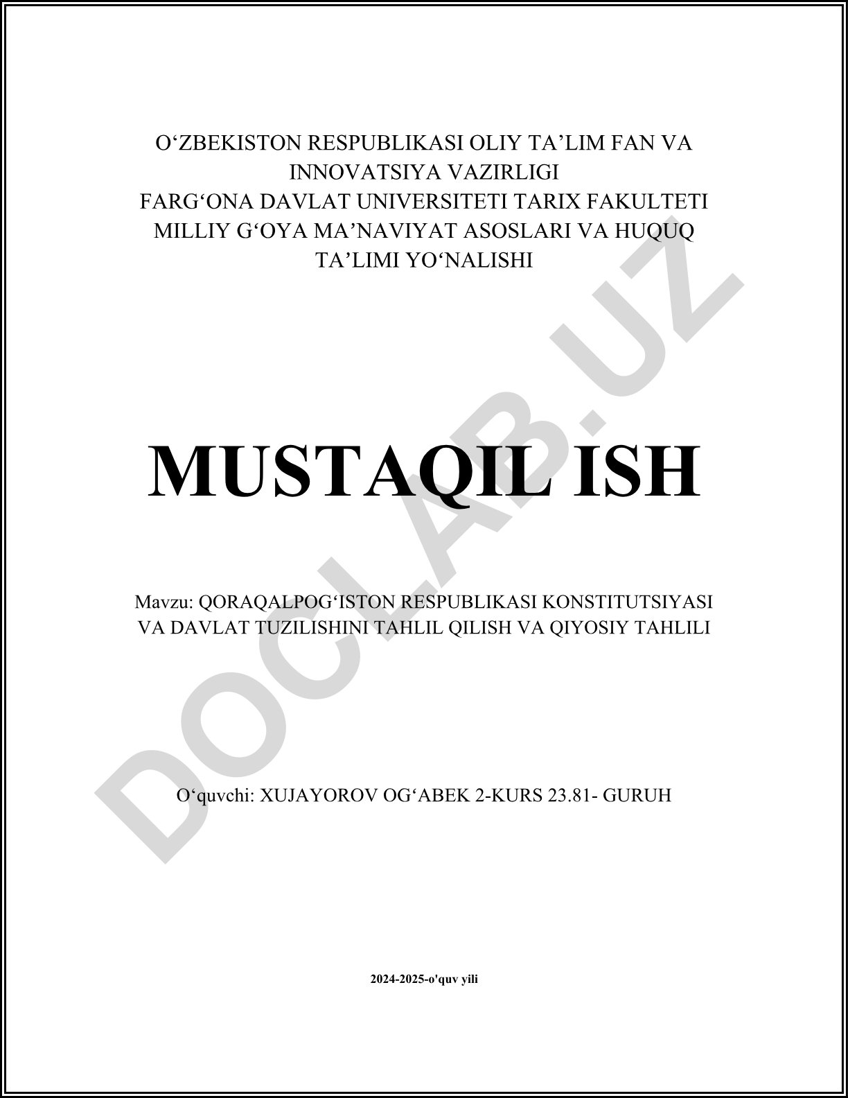 Qoraqalpog'iston Respublikasi Konstitutsiyasi va davlat tuzilishini tahlil qilish va qiyosiy tahlili
