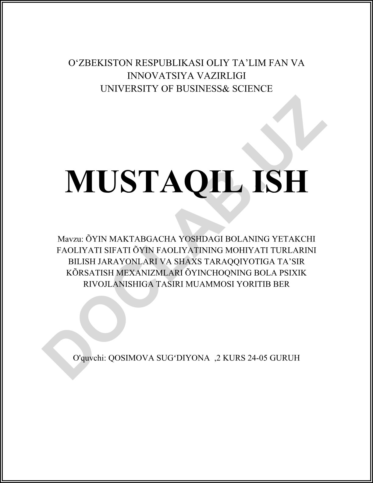 O'yin maktabgacha yoshdagi bolaning yetakchi faoliyati sifatida