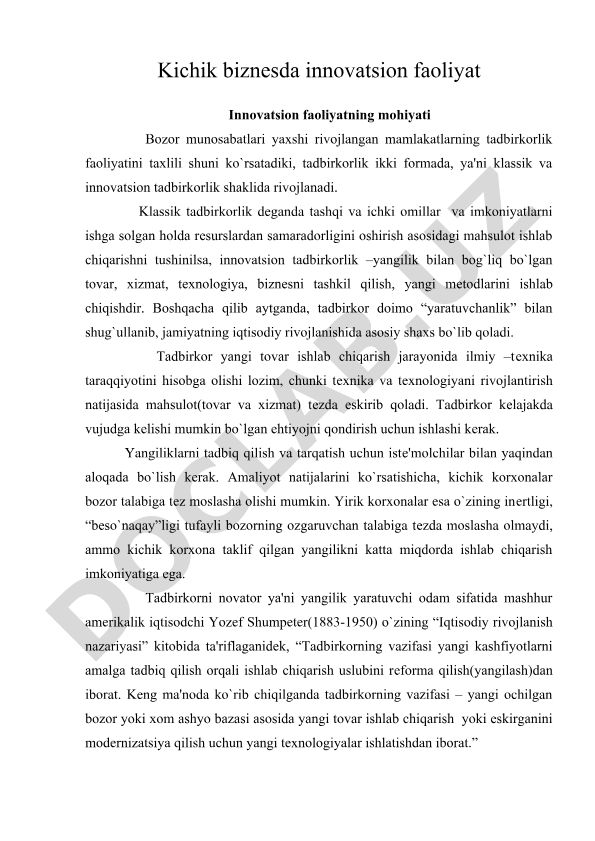 Kichik biznesda innovatsion faoliyat