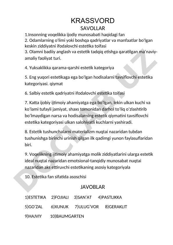 Estetika faniga oid krassvord savollari va javoblari