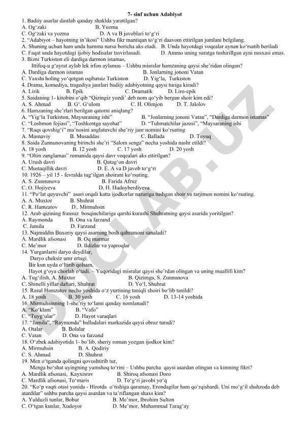 7-sinf Adabiyot fanidan test savollari