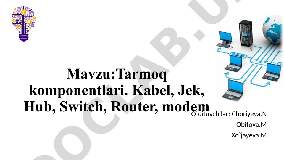 Tarmoq komponentlari: Kabel, Jek, Hub, Switch, Router, Modem