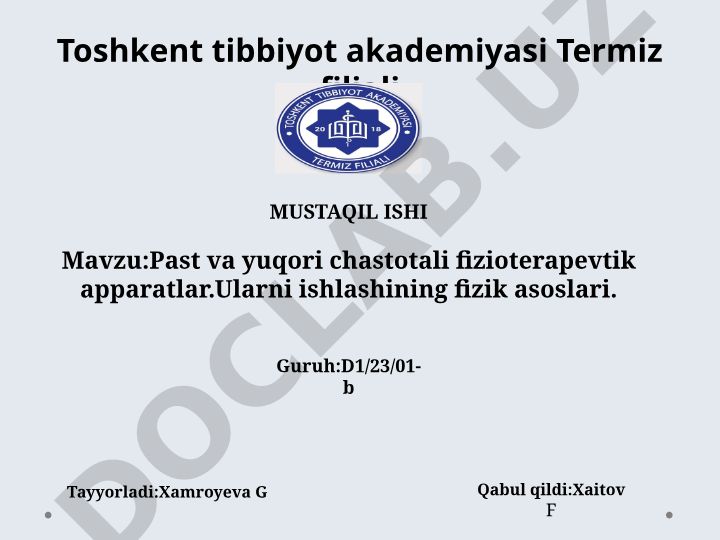 Past va yuqori chastotali fizioterapevtik apparatlar va ularning ishlashining fizik asoslari