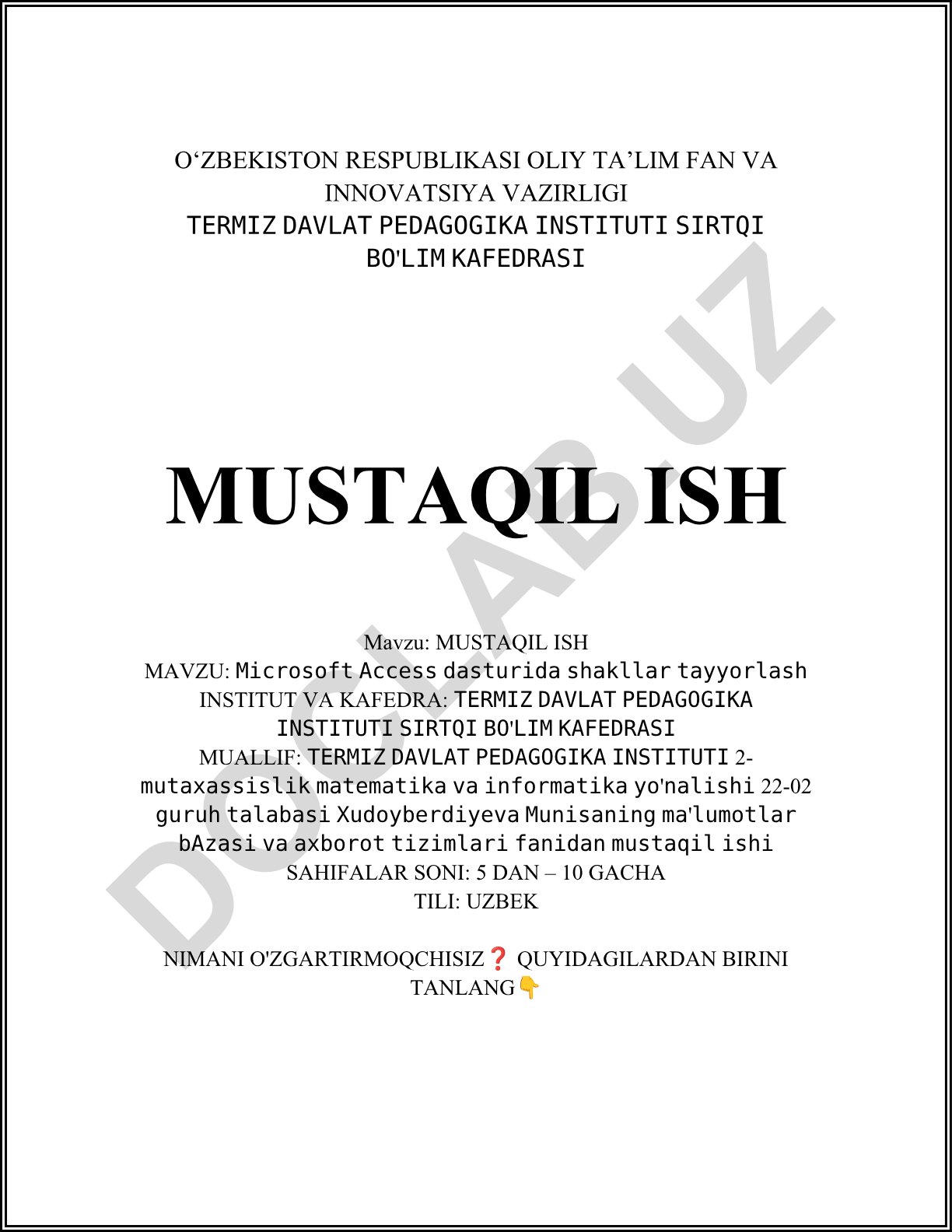 Microsoft Access dasturida shakllar tayyorlash