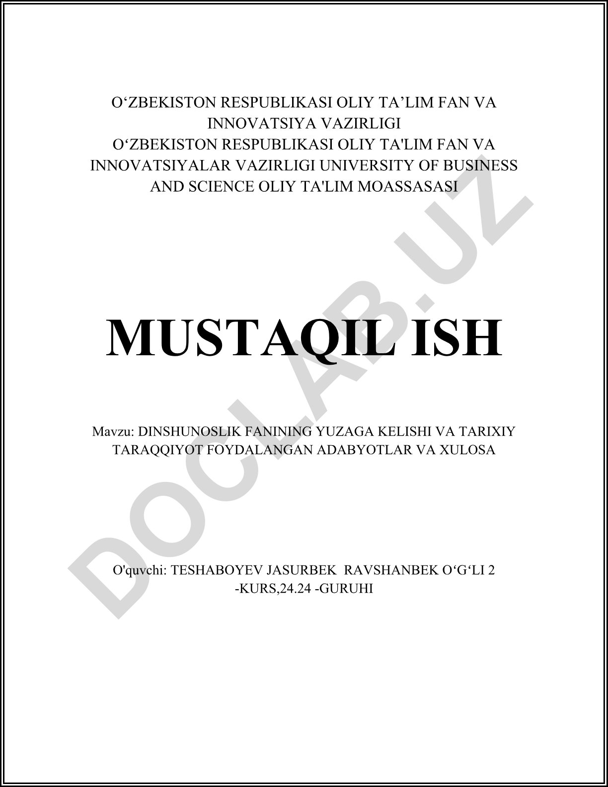 Dinshunoslik fanining yuzaga kelishi va tarixiy taraqqiyoti
