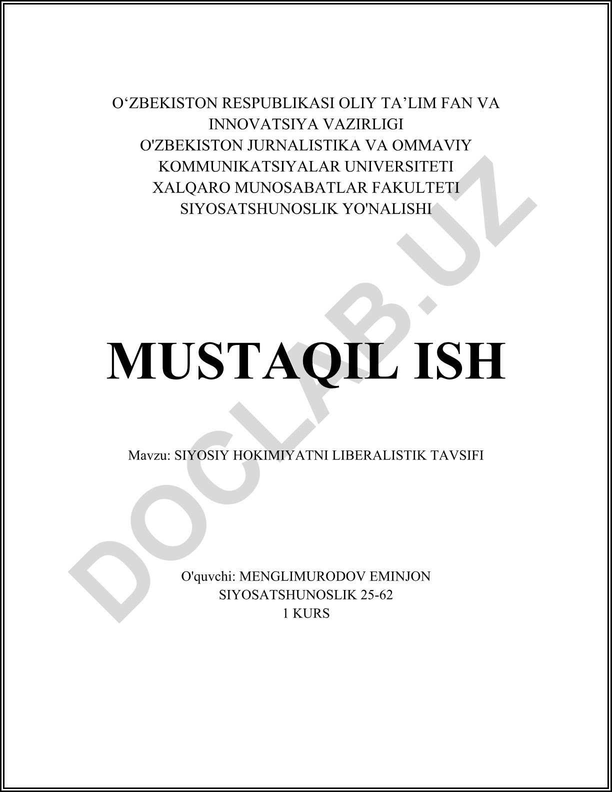 Siyosiy hokimiyatni liberalistik tavsifi
