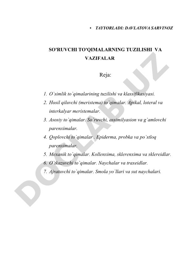 O'simlik to'qimalarining tuzilishi va vazifalari