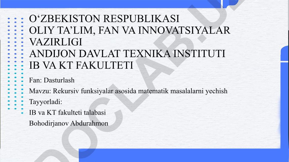 Rekursiv funksiyalar asosida matematik masalalarni yechish