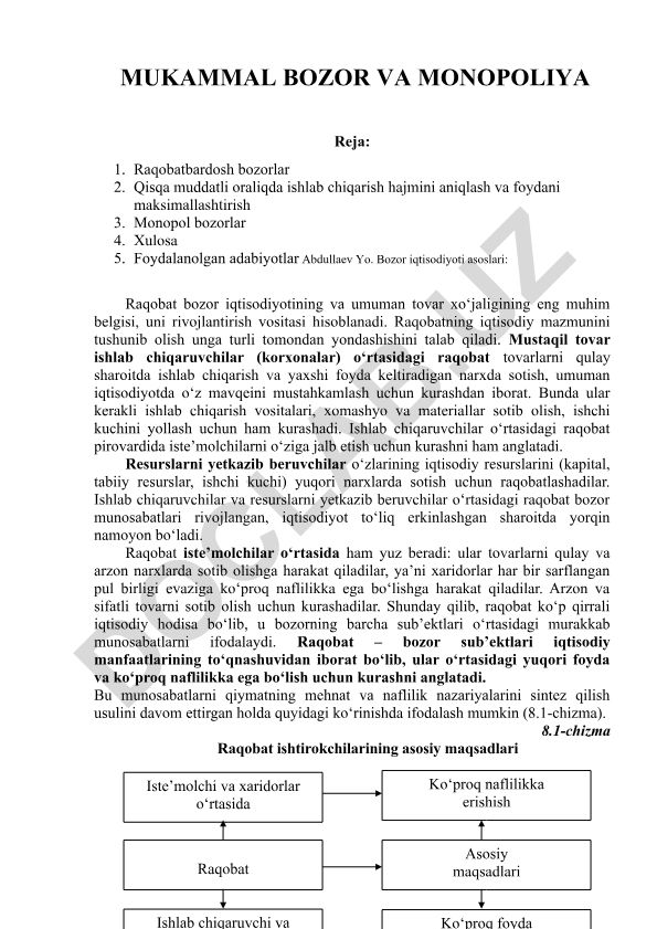 Mukammal bozor va monopoliyaning iqtisodiy asoslari
