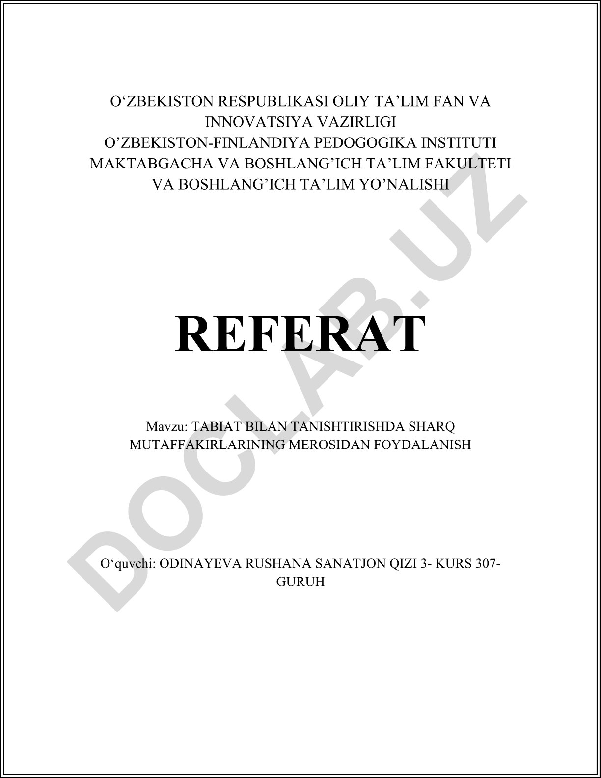 Tabiat bilan tanishtirishda Sharq mutafakkirlarining merosidan foydalanish