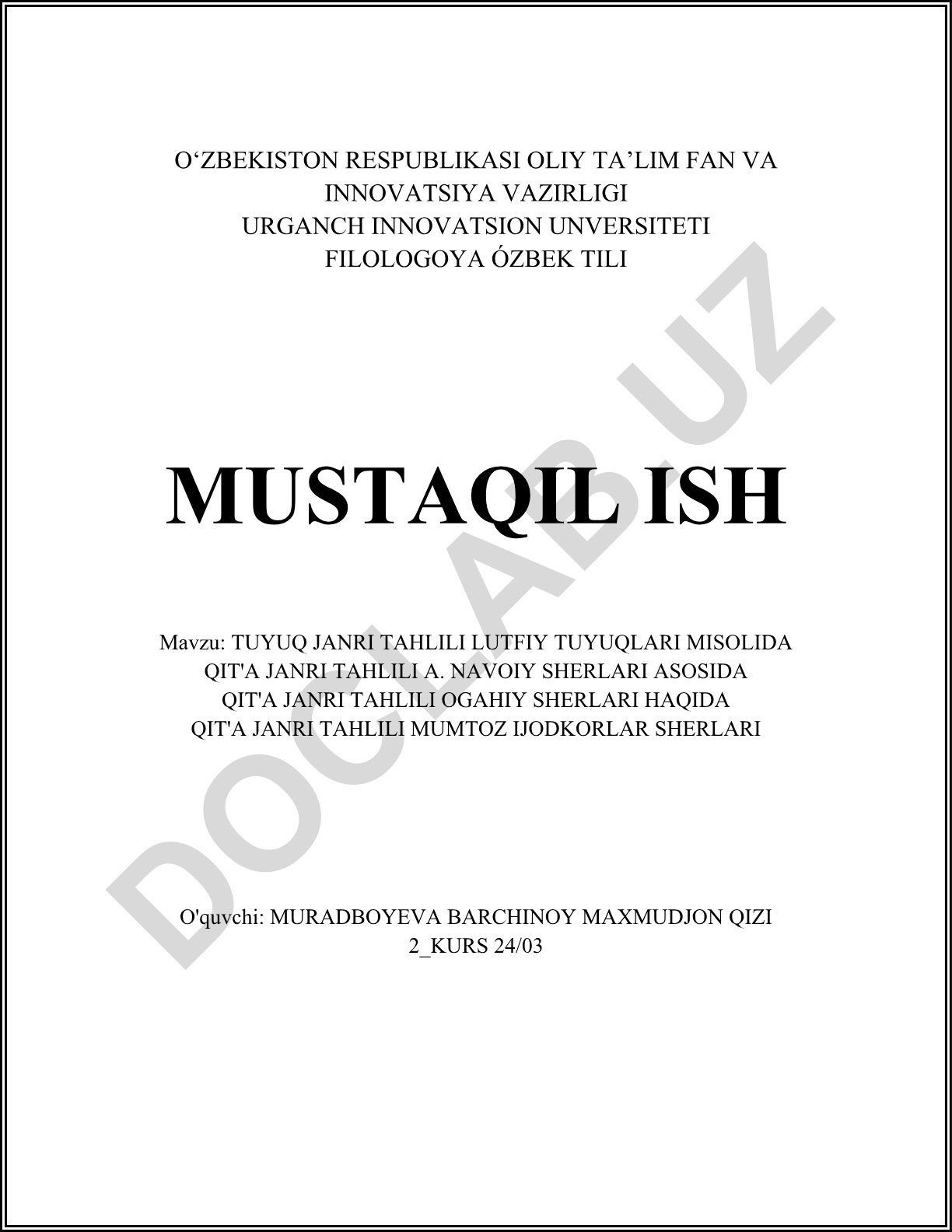 Tuyuq janri tahlili Lutfiy tuyuqlari misolida