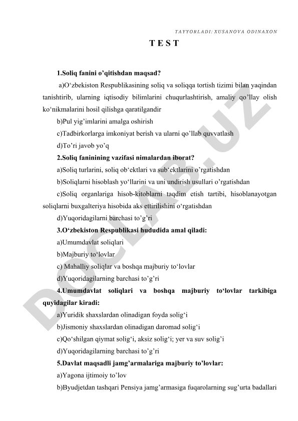 Soliq fanidan test savollari