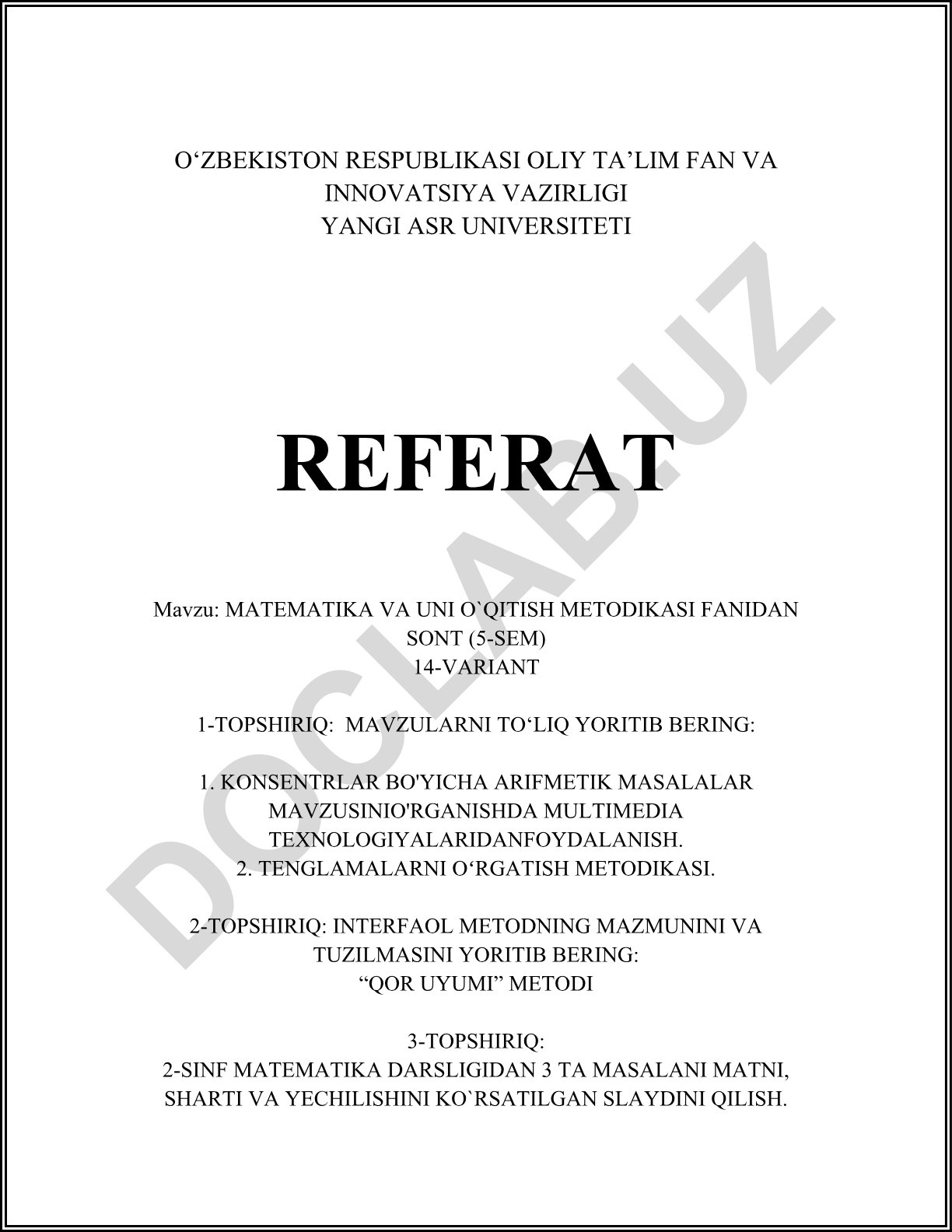 Matematika va uni o'qitish metodikasi fanidan referat