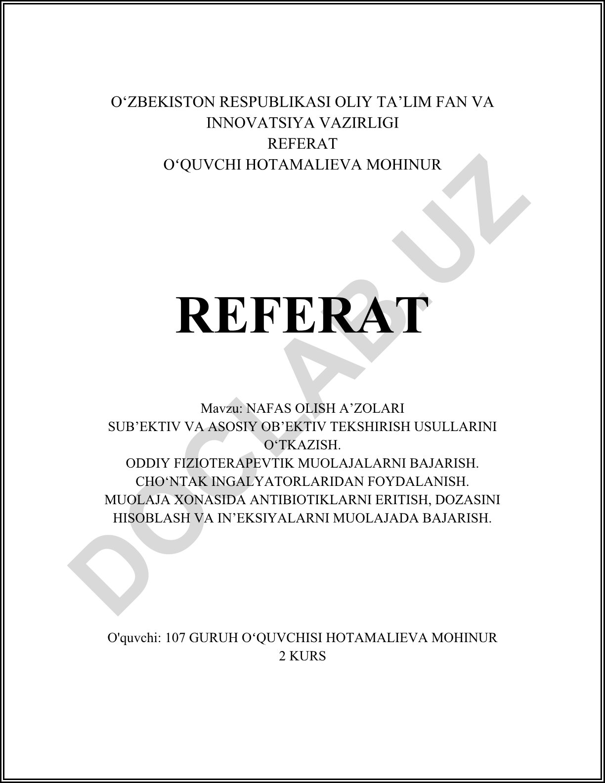 Nafas olish a'zolari sub'ektiv va asosiy ob'ektiv tekshirish usullari