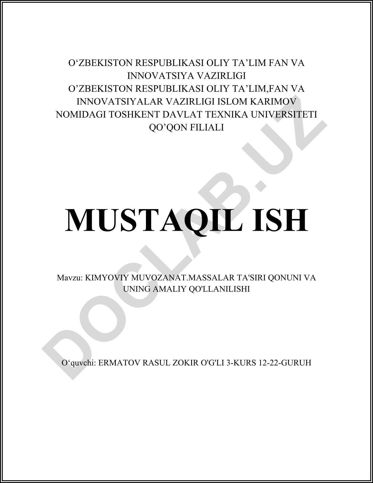 Kimyoviy muvozanat, massalar ta'siri qonuni va uning amaliy qo'llanilishi