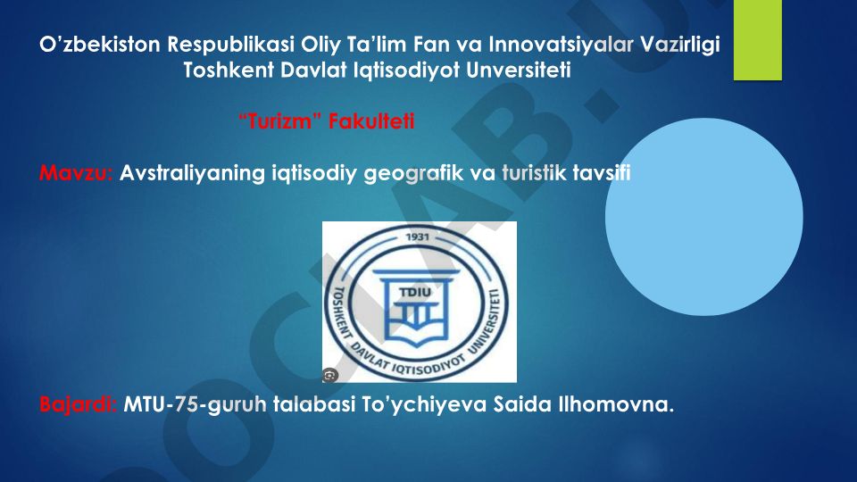 Avstraliyaning iqtisodiy geografik va turistik tavsifi