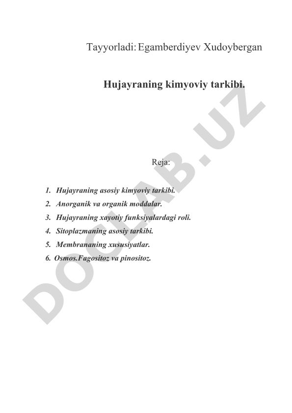 Hujayraning kimyoviy tarkibi va xayotiy funksiyalari