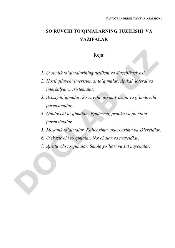 O'simlik to'qimalarining tuzilishi va vazifalari