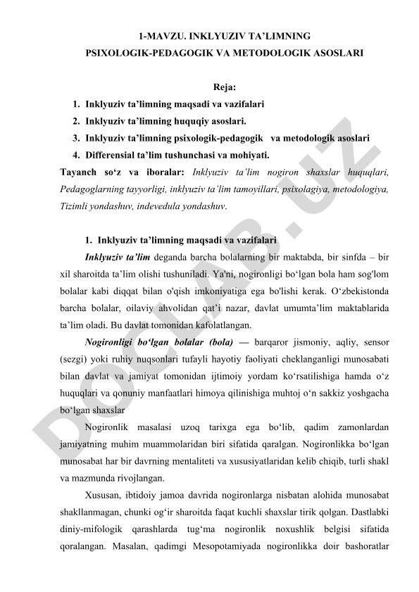 Inklyuziv ta'limning psixologik-pedagogik va metodologik asoslari