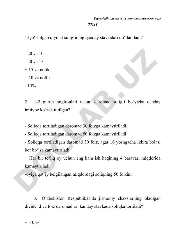 Jismoniy shaxslardan olinadigan daromad solig'i test savollari