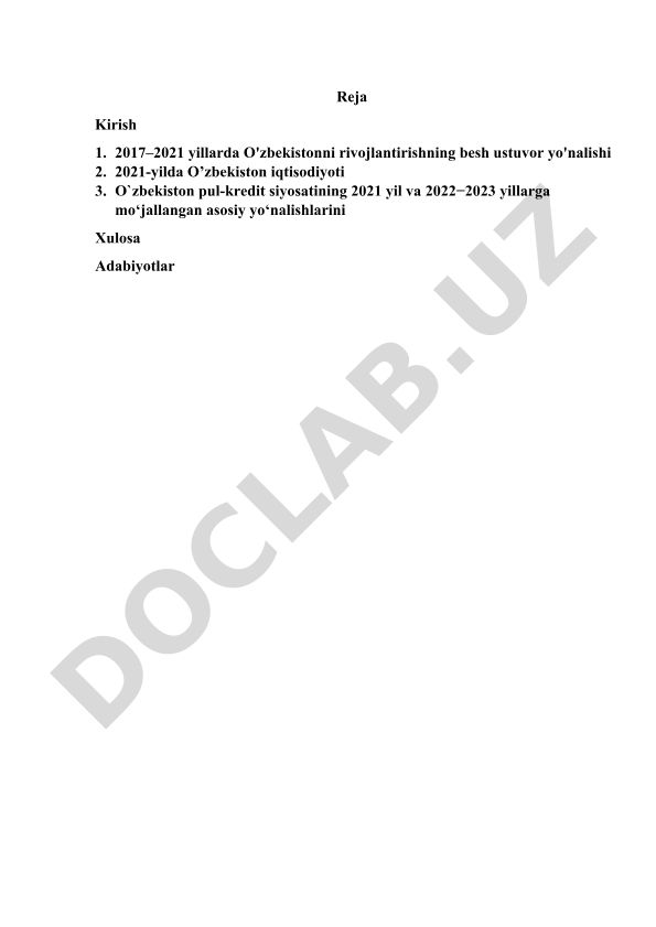 O'zbekiston iqtisodiy rivojlanishining ustuvor yo'nalishlari va pul-kredit siyosati